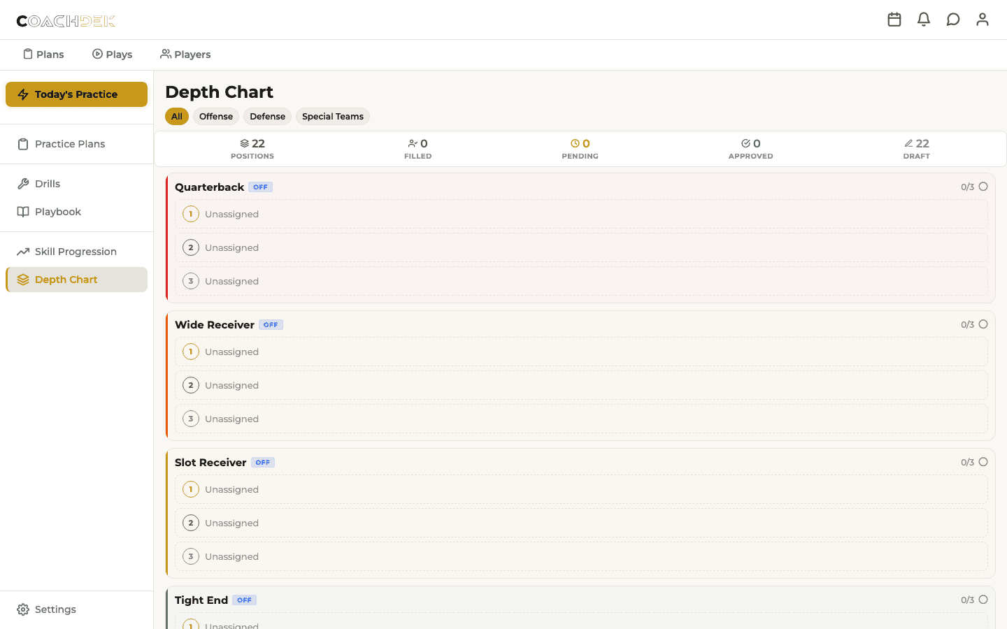 CoachDek depth chart showing player assignments by position with approval workflow