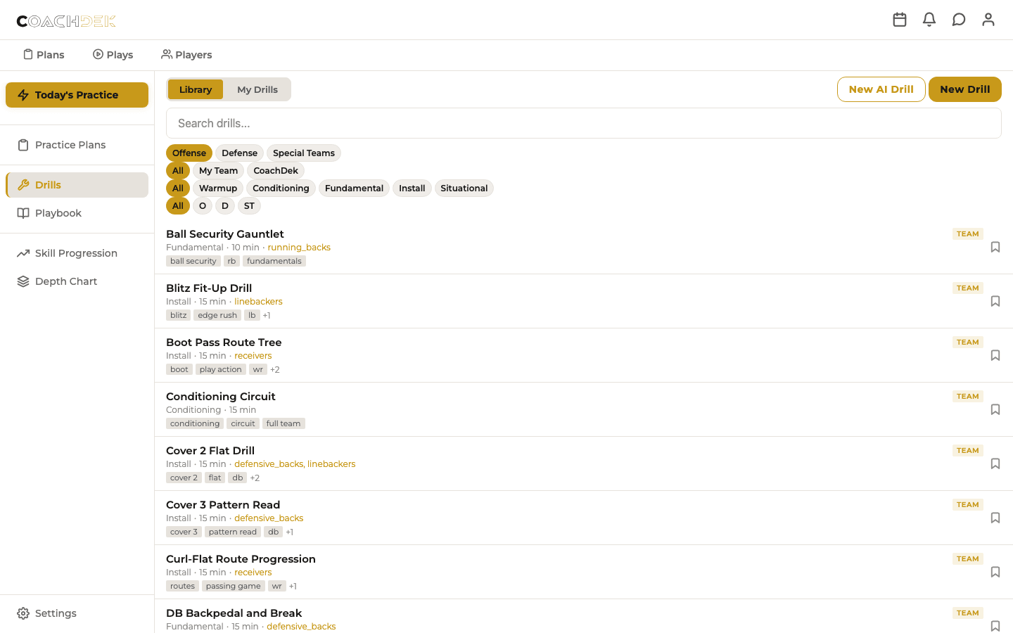 CoachDek drill library with type badges, position group tags, and search filters