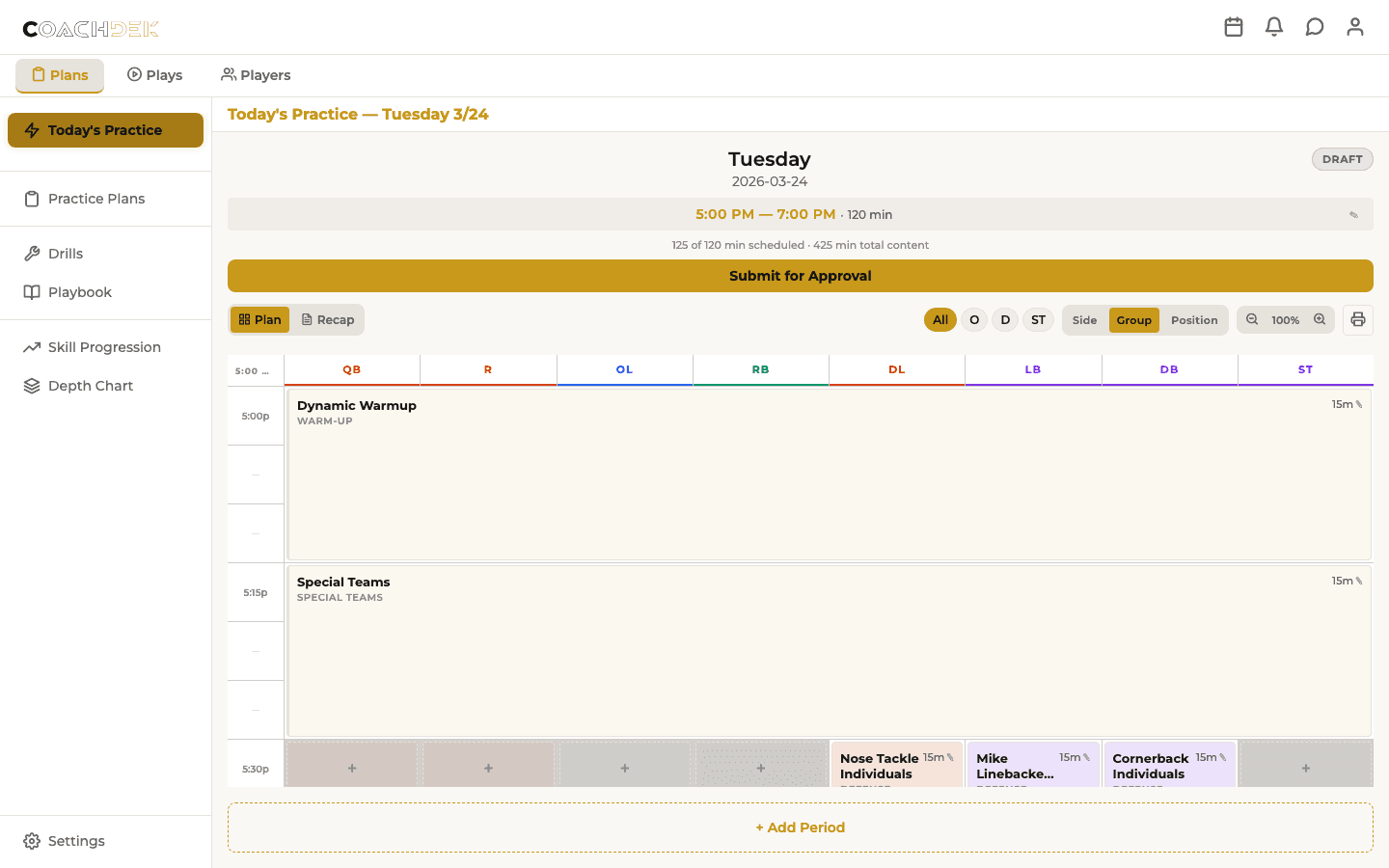 Head Coach view showing full program oversight with skill trees and approval controls
