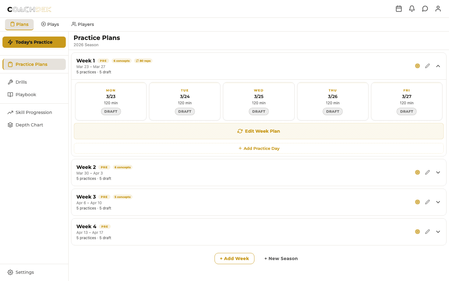 CoachDek season overview showing expandable week rows with practice day cards and status indicators