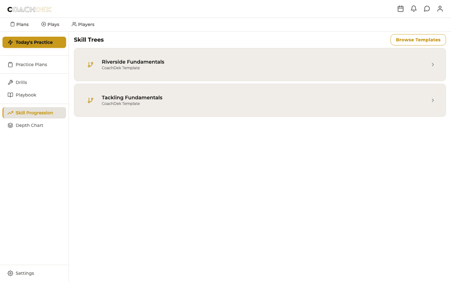 CoachDek skill tree showing position-specific nodes with coaching points and drill tag suggestions