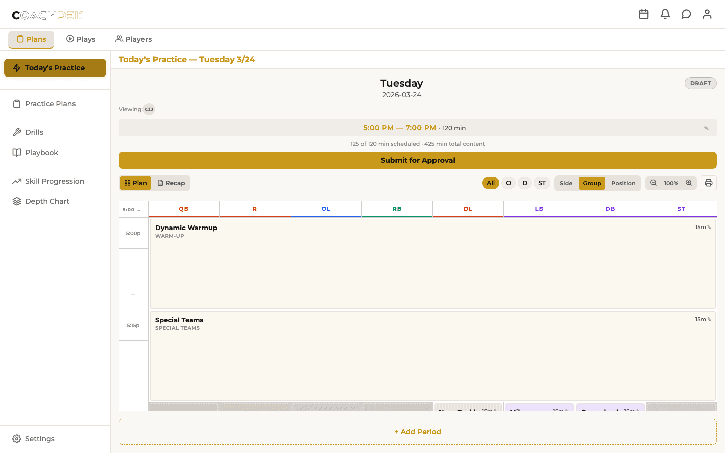 CoachDek practice plan grid showing a full week of periods with coach delegation, position group columns, and approval status